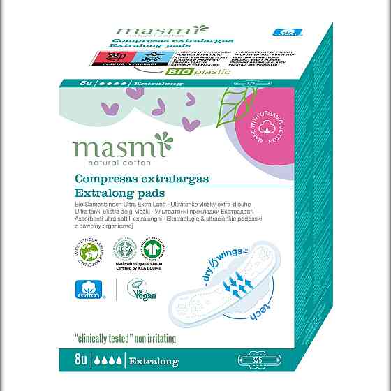 Органічні прокладки Extra Long для рясних виділень, ультратонкі гігієнічні з крильцями Masmi 8 шт Київ