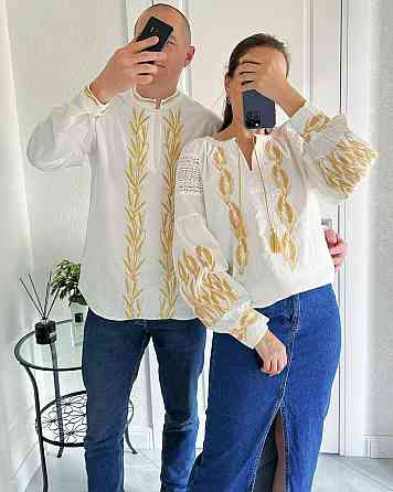 Женская стильная вышиванка с золотой вышивкой и с кружевными вставками 80% хлопок, 20% полиэстер. 42, Белый Одесса