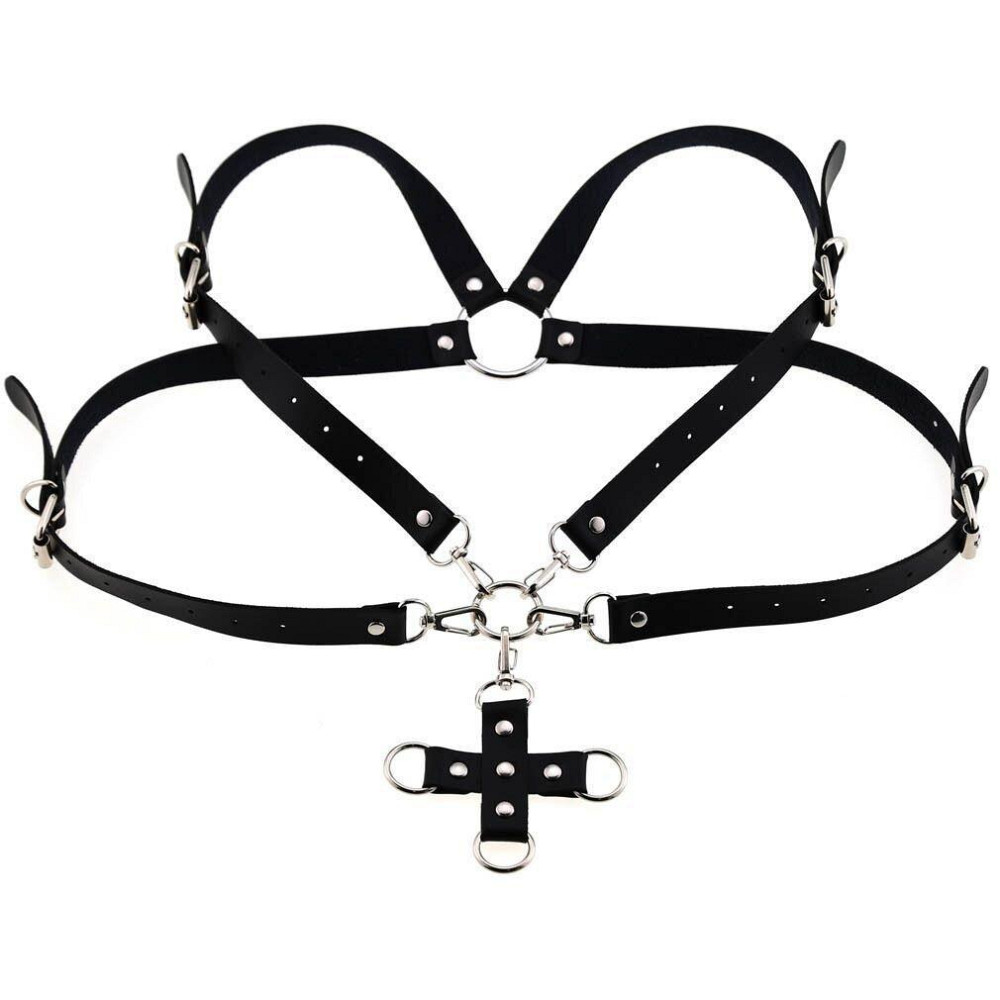 Портупея зі штучної шкіри з фіксатором Women's PU Leather Chest Harness Caged Bra GREY Sex Aura Київ - фото 5
