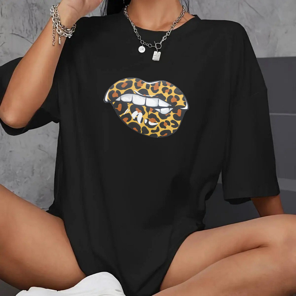 Футболка оверсайз жіноча довга з малюнком Чорний Губи 46/48 Харків - фото 1