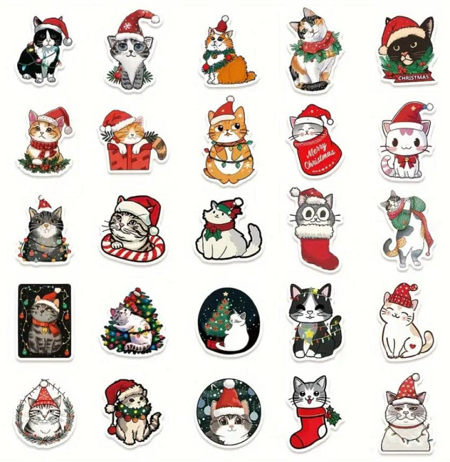 Рождественские наклейки с котами. Новогодние стикеры. Водонепроницаемые виниловые наклейки, набор 50 Киев - изображение 6