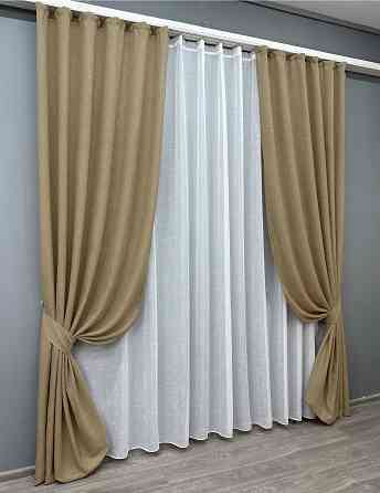 Комплект штор VR-Textil Льон Мішковина 150х270 2шт і Тюль 500х270 673ш-115т Капучино з білим 71-035/4 Київ
