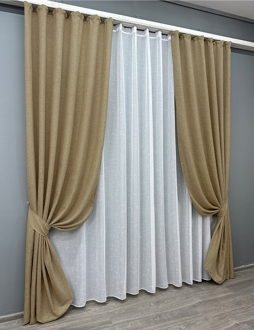 Комплект штор VR-Textil Льон Мішковина 150х270 2шт і Тюль 500х270 673ш-115т Капучино з білим 71-035/4 Київ - фото 2