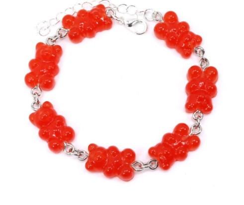 Браслет с мармеладными мишками на ногу красный - длина 18см + 4см, регулируется, смола, цинковый сплав Киев - изображение 1