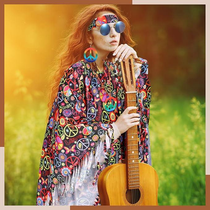 Хіпі костюм жіночій ретро у стилі 60х 70х для Хелловіну, вечірки, корпоративу, карнавальний комплект хіппі пончо Київ - фото 3