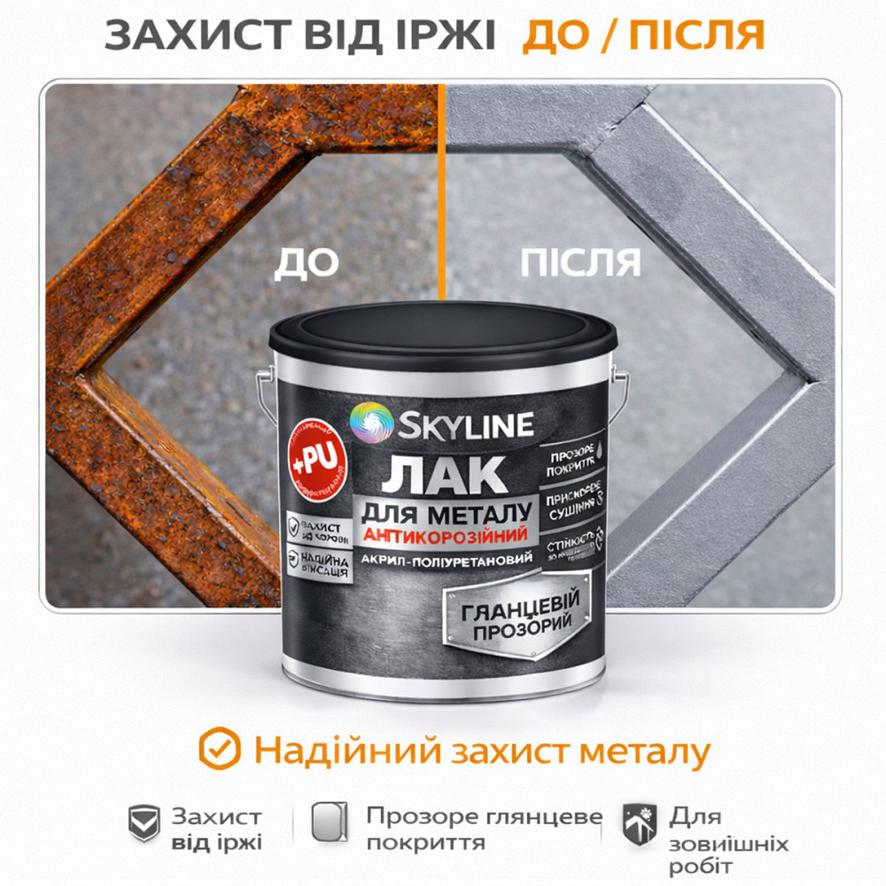 Лак для металу Skyline глянцевий прозорий акрил-поліуретановий антикорозійний без запаху 10 л Харків - фото 4