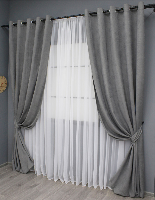 Комплект штор на люверсах VR-Textil Мікровелюр Petek № 1485ш 150х270 см 2 шт Сірий (37-0214) Київ - фото 3