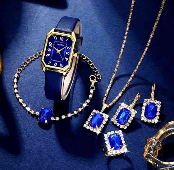 Подарочный набор для женщин наручные часы браслет кольцо ожерелье и серьги без подарочной коробки синий Киев
