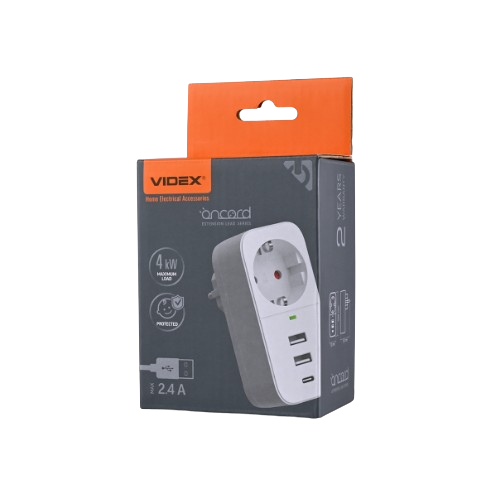 Мережевий адаптер 1 розетки/2USB-A/1Type-C із заземленням білий VF-AD1G2U1C-W Oncord Videx Житомир