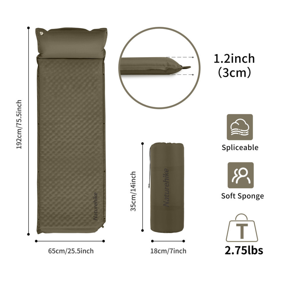 Килимок самонадувний одномісний з подушкою Naturehike CNK2300DZ014, 30мм, темно-зелений Київ - фото 2