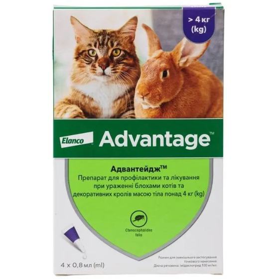 Краплі на холку від бліх і кліщів для котів і кроликів Bayer Advantage 80 No4 (Байєр Адвантейдж) 4-8 кг 4 піпетки Запоріжжя