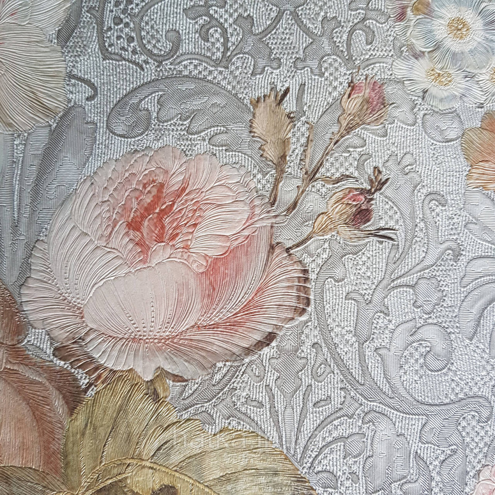 Шпалери метрові вінілові на флізелін Yuanlong Samsara квіти троянди червоні півонії бордові блакитні на сірому Київ - фото 3