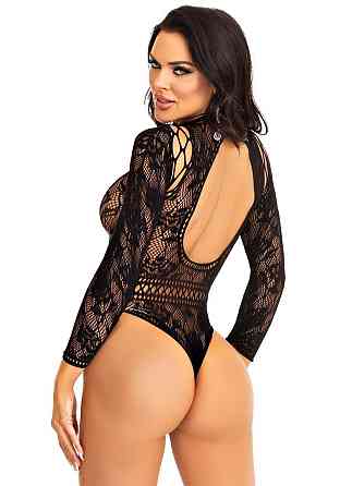 Боді Leg Avenue High neck lace bodysuit, One Size, чорне, довгий рукав, стрінги, квітковий малюнок Sex Aura Київ