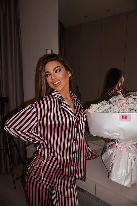 Женская шелковая пижама двойка в полоску Черный, 44/46 Одесса - изображение 8