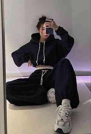 Женский утепленный стильный костюм двойка: худи и джоггеры трехнить на флисе Черный, 42/44 Одесса