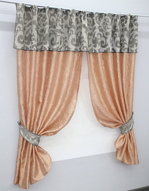 Кухонні штори VR-Textil № 073к з ламбрекеном і підхватами персиковий з сірим 270х170 см (52-0144) Київ - фото 2