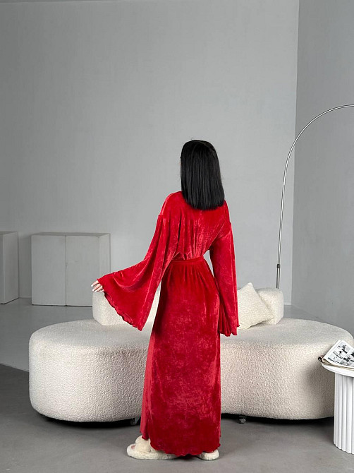 Женский стильный домашний велюровый макси халат плюш велюр Красный, 48/52 Одесса - изображение 5