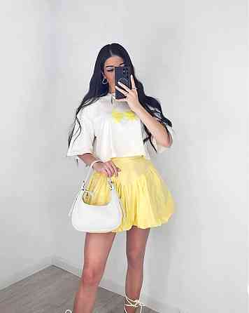 Женский летний романтичный костюм двойка: футболка и юбка турецкий кулир + коттон Желтый, 46/48 Одесса