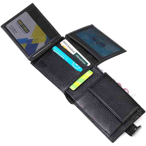 Компактный и в тоже время вместительный бумажник для мужчин из натуральной кожи Черный (BOND) Киев