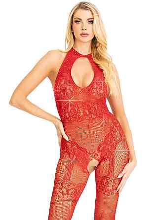 Бодістокінг Leg Avenue Rhinestone Lace and Net, One Size, червоний, зі стразами, відкритий доступ Sex Aura Київ