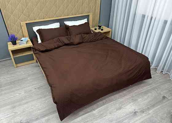 Комплект постільної білизни Страйп-сатин Двоспальний 180х220 з простирадлом на резинці Шоколадний (88-185) Київ