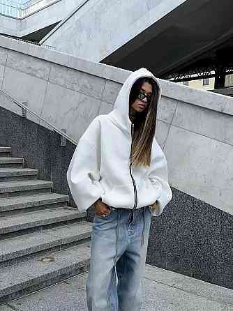 Жіноча утеплена оверсайз худі на блискавці з накатом тринитка на флісі Білий Одеса