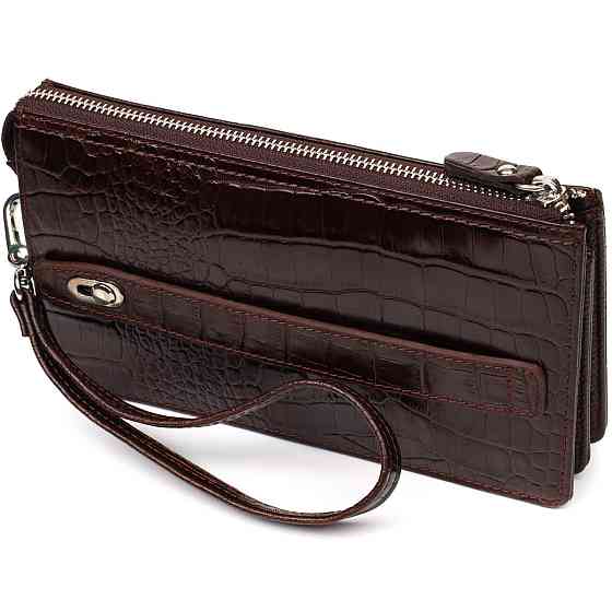Місткий клатч чоловічий на два відділення з натуральної шкіри з тисненням під крокодила BOND 22046 Коричневий Київ