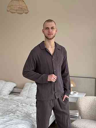 Мужской домашний костюм из муслиновой ткани на пуговицах Коричневый M-L Харьков