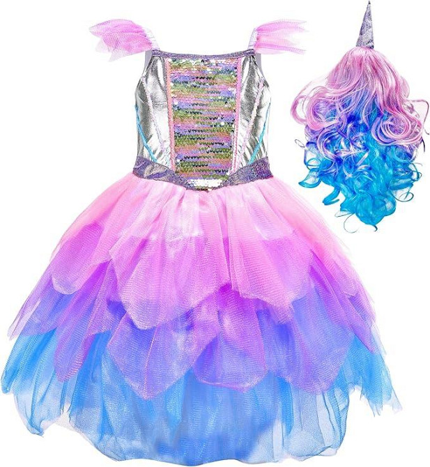 Костюм Єдинорога, карнавальна сукня для дівчаток з кольоровою перукою і фатином для свят, вечірок, вистав, гелловіна Київ - фото 2