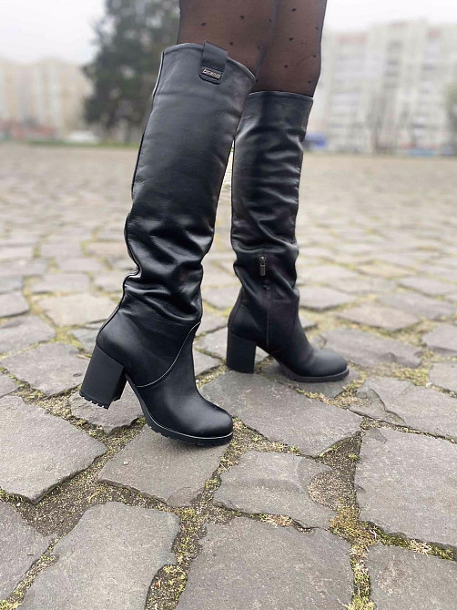 Valiente Високі чоботи жіночі демісезонні весна-осінь на стійкому каблуці чорні з натуральної ш Коломыя - изображение 6