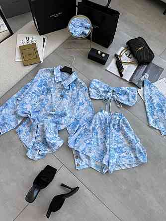 Жіночий літній принтований костюм четвірка: хустинка, кроп-топ, сорочка та шорти штапель/софт Одеса