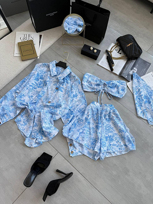 Жіночий літній принтований костюм четвірка: хустинка, кроп-топ, сорочка та шорти штапель/софт Одеса - фото 2