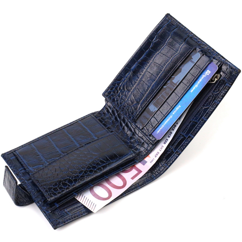 Стильний чоловічий гаманець горизонтального формату з натуральної шкіри з тисненням під крокодила CANPELLINI 21758 Синій Київ - фото 5