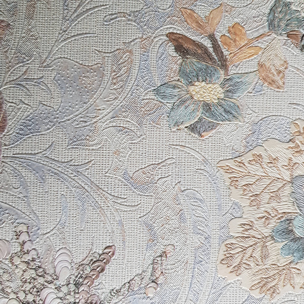 Шпалери метрові вінілові на флізелін Yuanlong Samsara бароко квіти вензель бірюзові коричневі на сірому Київ - фото 3