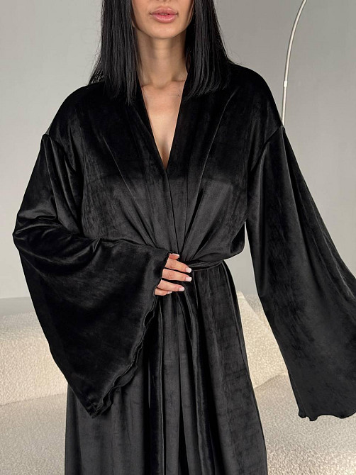 Женский стильный домашний велюровый макси халат плюш велюр Черный, 48/52 Одесса - изображение 3