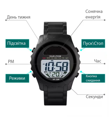 Чоловічий наручний годинник Skmei 1585 із сонячною панеллю (Чорний) Вінниця - фото 10
