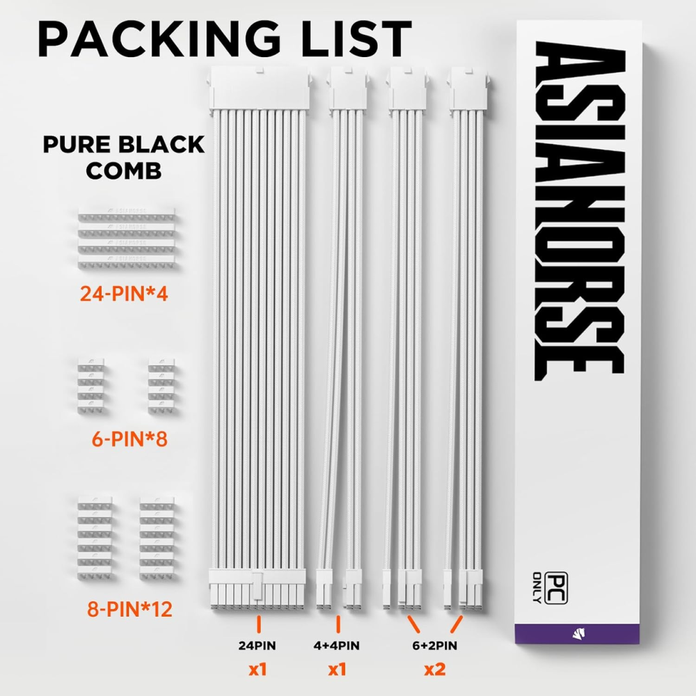 Комплект подовжувачів кабелів БЖ AsiaHorse 16AWG 30 см, 24-pin ATX, 4+4-pin CPU, 2×6+2-pin PCI-E, оплетка, гребінці Київ - фото 10