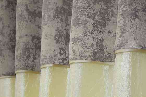 Кухонные шторы VR-Textil № 073к с ламбрекеном и подхватами светло-золотистый с кофейно-серым 270х170 см (52-0162) Киев