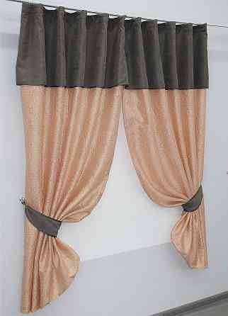 Кухонные шторы VR-Textil № 073к с ламбрекеном и подхватами персиковый с серым 260х170 см (52-0101) Киев