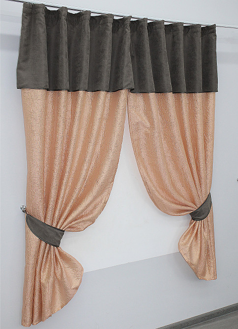 Кухонные шторы VR-Textil № 073к с ламбрекеном и подхватами персиковый с серым 260х170 см (52-0101) Киев - изображение 2