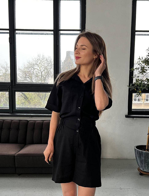 Легкий женский базовый комбинезон лен. Черный, 46 Одесса - изображение 2