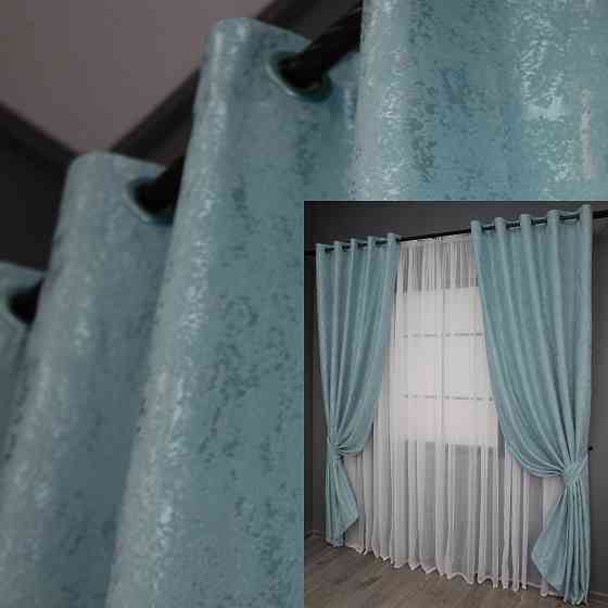 Комплект штор на люверсах VR-Textil Льон мармур Pavliani № 1371ш 150х250 см 2 шт Темно-блакитний (37-0052) Київ