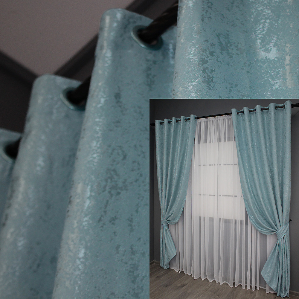 Комплект штор на люверсах VR-Textil Лен мрамор Pavliani № 1371ш 150х250 см 2 шт Темно-голубой (37-0052) Киев - изображение 1