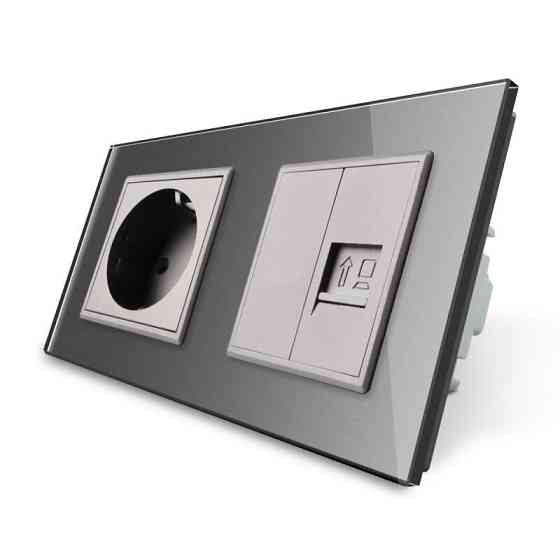 Розетка двомісна комбінована Силова Інтернет Livolo сірий скло (VL-C7C1EUK01C-15) Коломыя