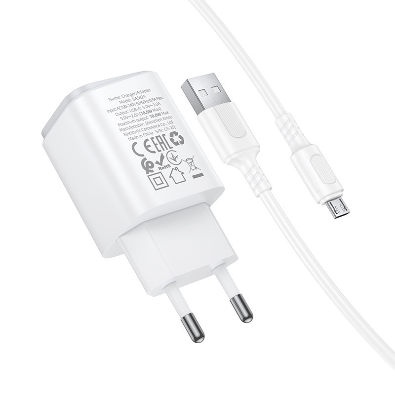 Мережевий зарядний пристрій з кабелем BOROFONE BAS82A Star single port QC3.0 charger set (Micro) (EU) White Одеса - фото 5