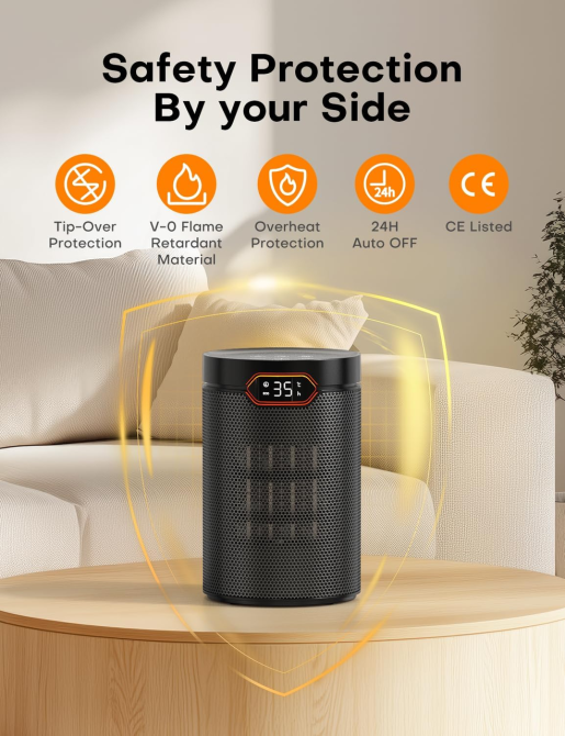 Керамический обогреватель QEXREED PTC 1500 Вт, ECO 15–35°C, 5 режимов, таймер 24 ч, 34 дБ, защита от опрокидывания Киев - изображение 7
