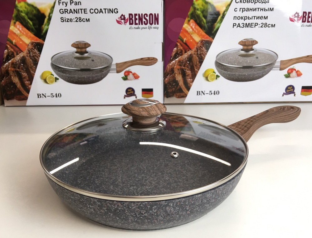 Сковородка с крышкой 28см гранитное покр. с красным  BENSON BN-540 (6 шт) Одесса - изображение 1