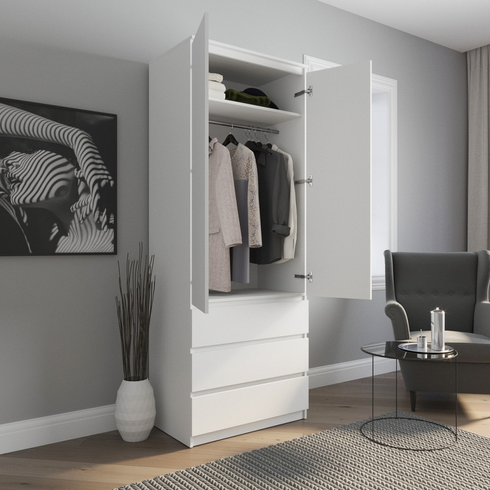 Шкаф для одежды VAYS R-9 Бетон-Белый фасад, 3 ящика, штанга, без ручек, ЛДСП, 80×50×211 см – для спальни, гостиной, прихожей Львов - изображение 2