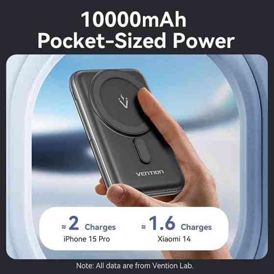 УМБ Vention Magnetic Wireless 10000mAh 20W PD USB-C In/Out, QI-15W Black Винница