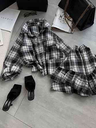 Женский костюм двойка: рубашка и юбка в клетку фланель Черный Одесса